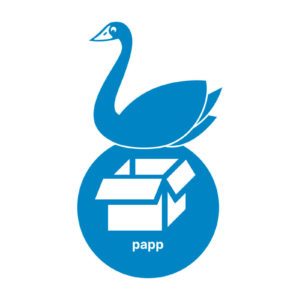 blå etikett med svane for pappemballasje. produktbilde