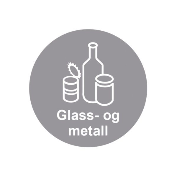 grå rund etikett for glass og metallemballasje produsert av røros prordukter