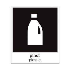 Etikett for sortering av plast på norsk og engelsk. 15x18 cm i sort/hvitt. Produktbilde.