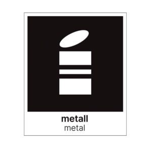 Etikett for sortering av metall på norsk og engelsk. 15x18 cm i sort/hvitt. Produktbilde.