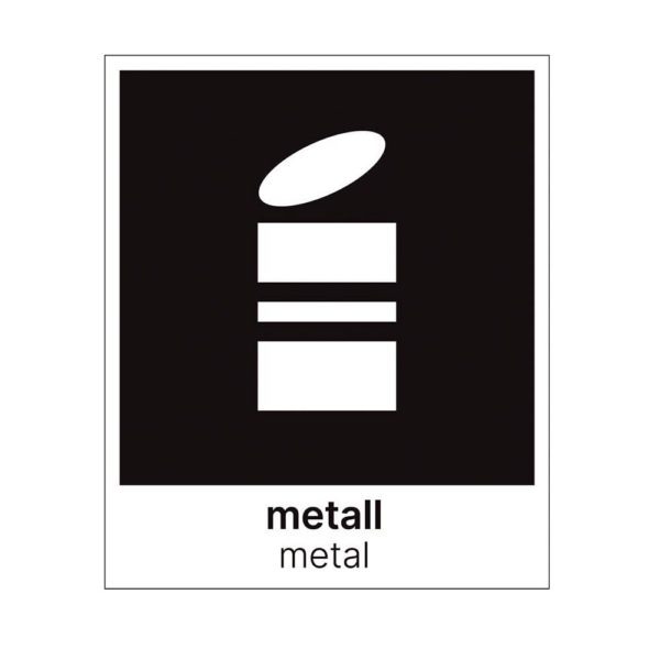 Etikett for sortering av metall på norsk og engelsk. 15x18 cm i sort/hvitt. Produktbilde.