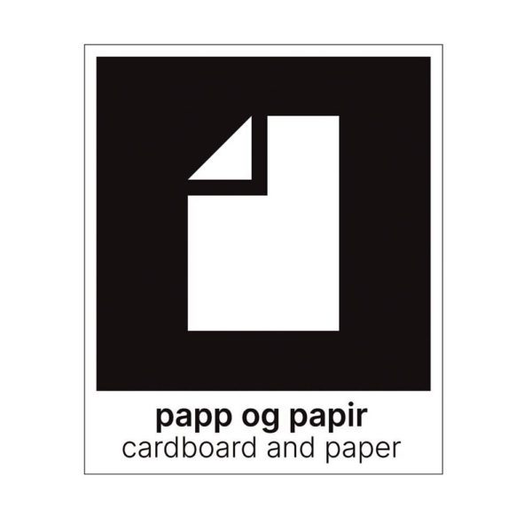 Etikett for sortering av papp og papir på norsk og engelsk. 15x18 cm i sort/hvitt. Produktbilde.