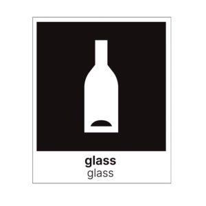 Etikett for sortering av glass på norsk og engelsk. 15x18 cm i sort/hvitt. Produktbilde.