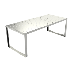 Stil bord i lakkert rustfritt stål med perforert bordplate