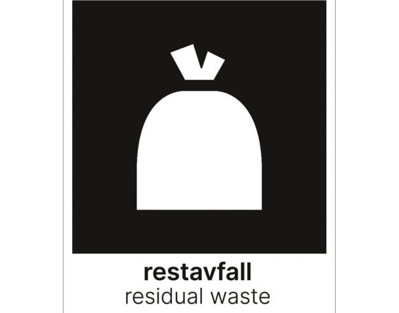 Etikett for sortering av restavfall på norsk og engelsk. 15x18 cm sort og hvit. Produktbilde.