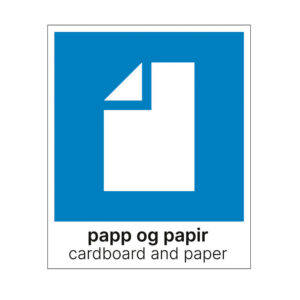 Etikett for sortering av papp og papir på norsk og engelsk. 15x18 cm blå og hvit. Produktbilde.
