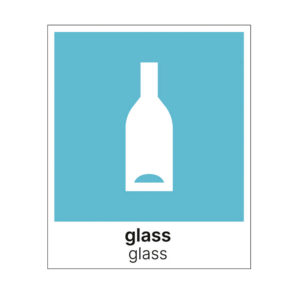 Etikett for sortering av glass på norsk og engelsk. 15x18 cm lys blå og hvit. Produktbilde.