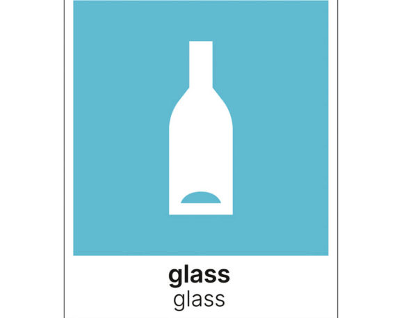 Etikett for sortering av glass på norsk og engelsk. 15x18 cm lys blå og hvit. Produktbilde.