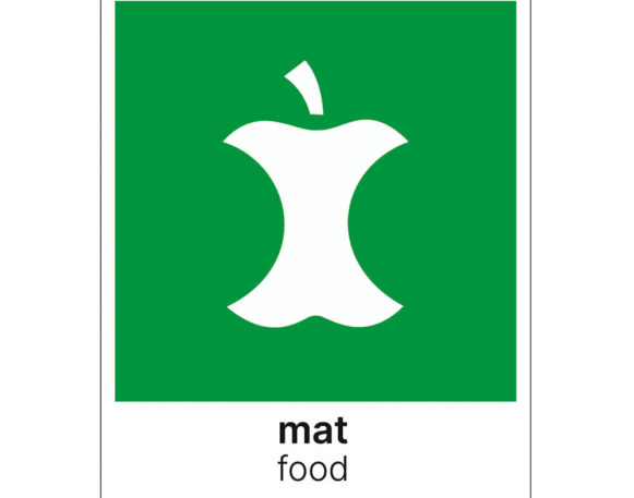 Etikett for sortering av matavfall på norsk og engelsk. 15x18 cm grønn og hvit. Produktbilde.