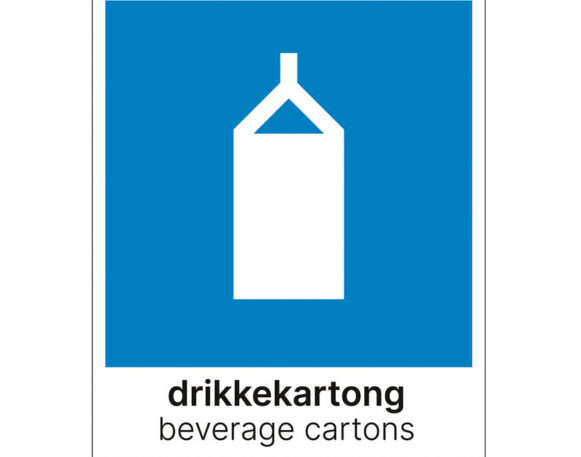 Etikett for sortering av drikkekartong på norsk og engelsk. 15x18 cm blå og hvit. Produktbilde.
