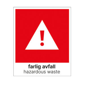 Etikett for sortering av farlig avfall på norsk og engelsk. 15x18 cm rød og hvit. Produktbilde.