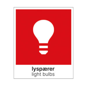 Etikett for sortering av lyspærer på norsk og engelsk. 15x18 cm rød og hvit. Produktbilde.