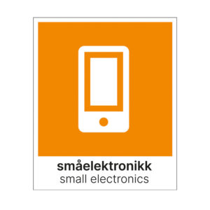 Etikett for sortering av småelektrisk på norsk og engelsk. 15x18 cm oransje og hvit. Produktbilde.