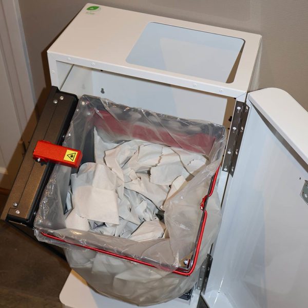 Urbanus Mose avfallsbeholder som komprimerer avfallet automatisk. Godt egnet til tørkepapir på toalettrom. teknisk bilde.